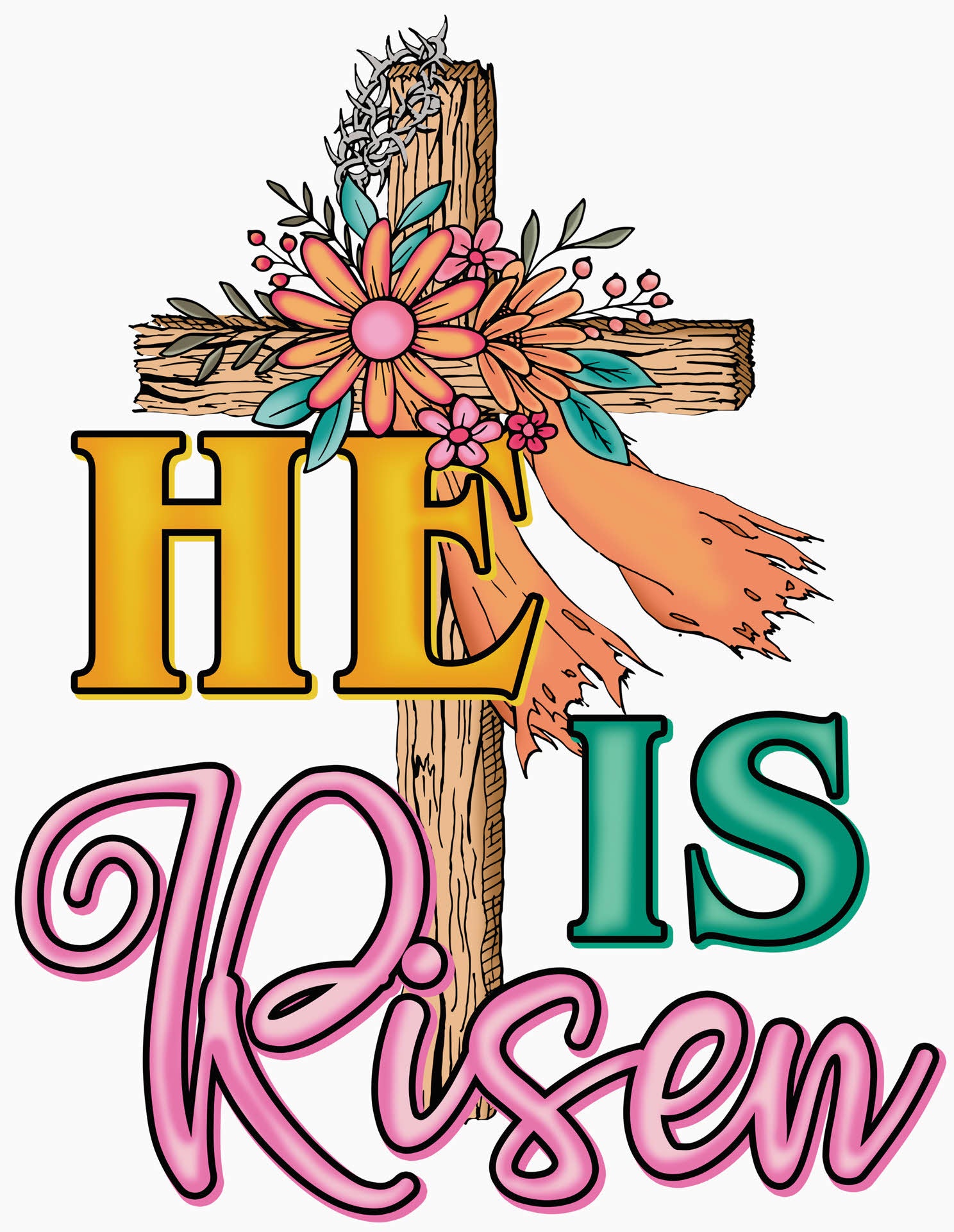 He Is Risen Cross with Flower - Easter DTF