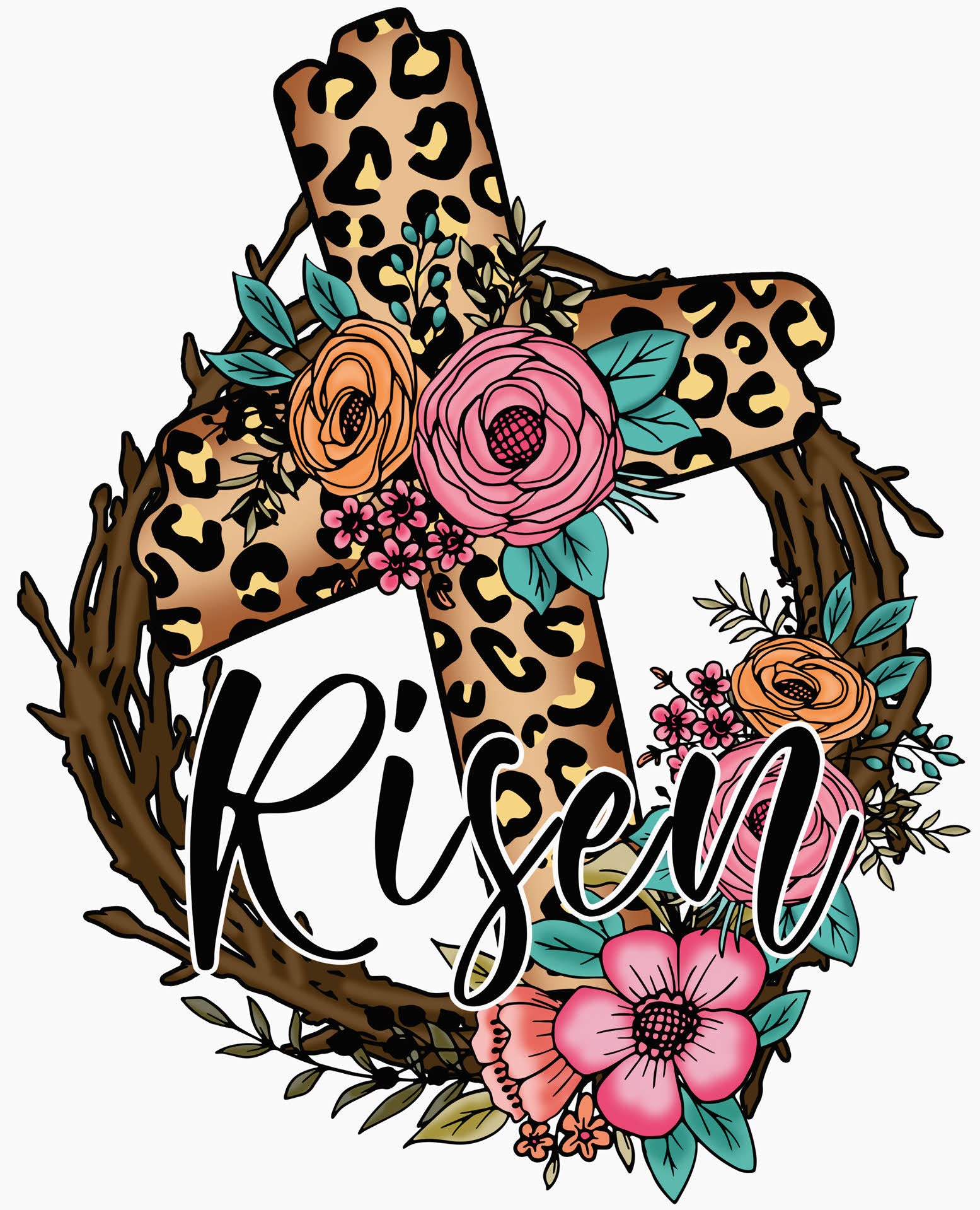 Risen with Leopard Cross and Flowers - Easter DTF