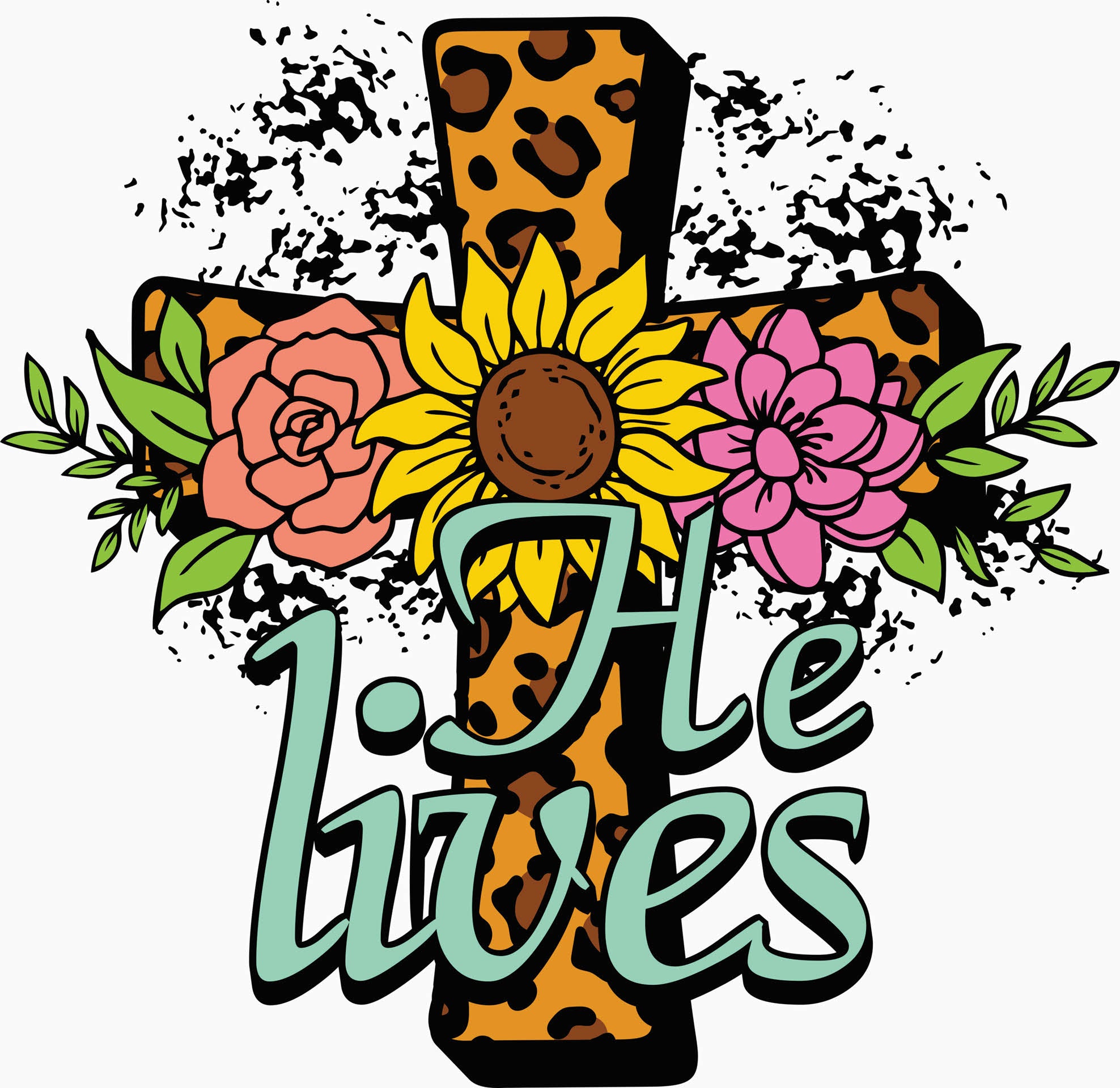 He Lives Leopard Cross and Three Flowers - Easter DTF